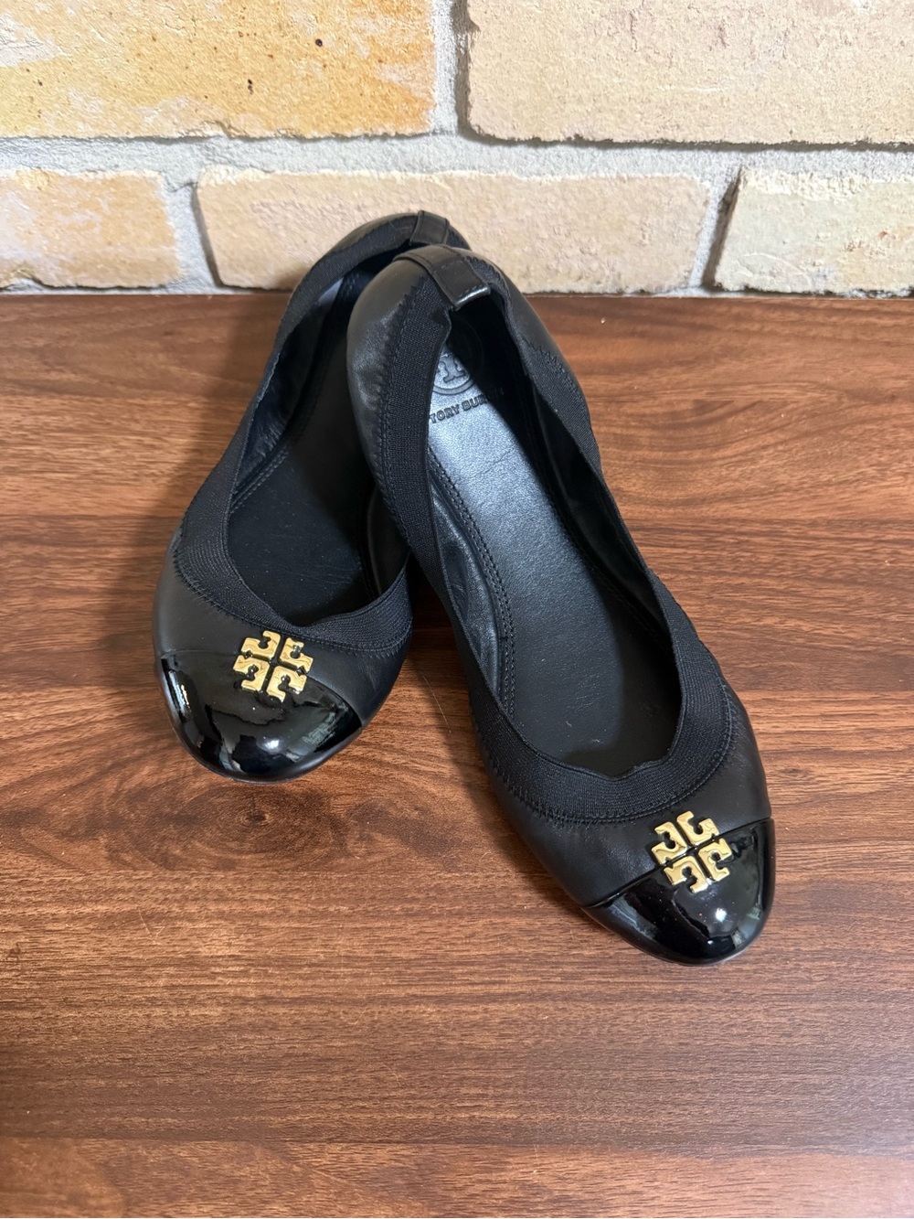 Tory Burch Black Patent Toe Ballet Flats with Gold Logo